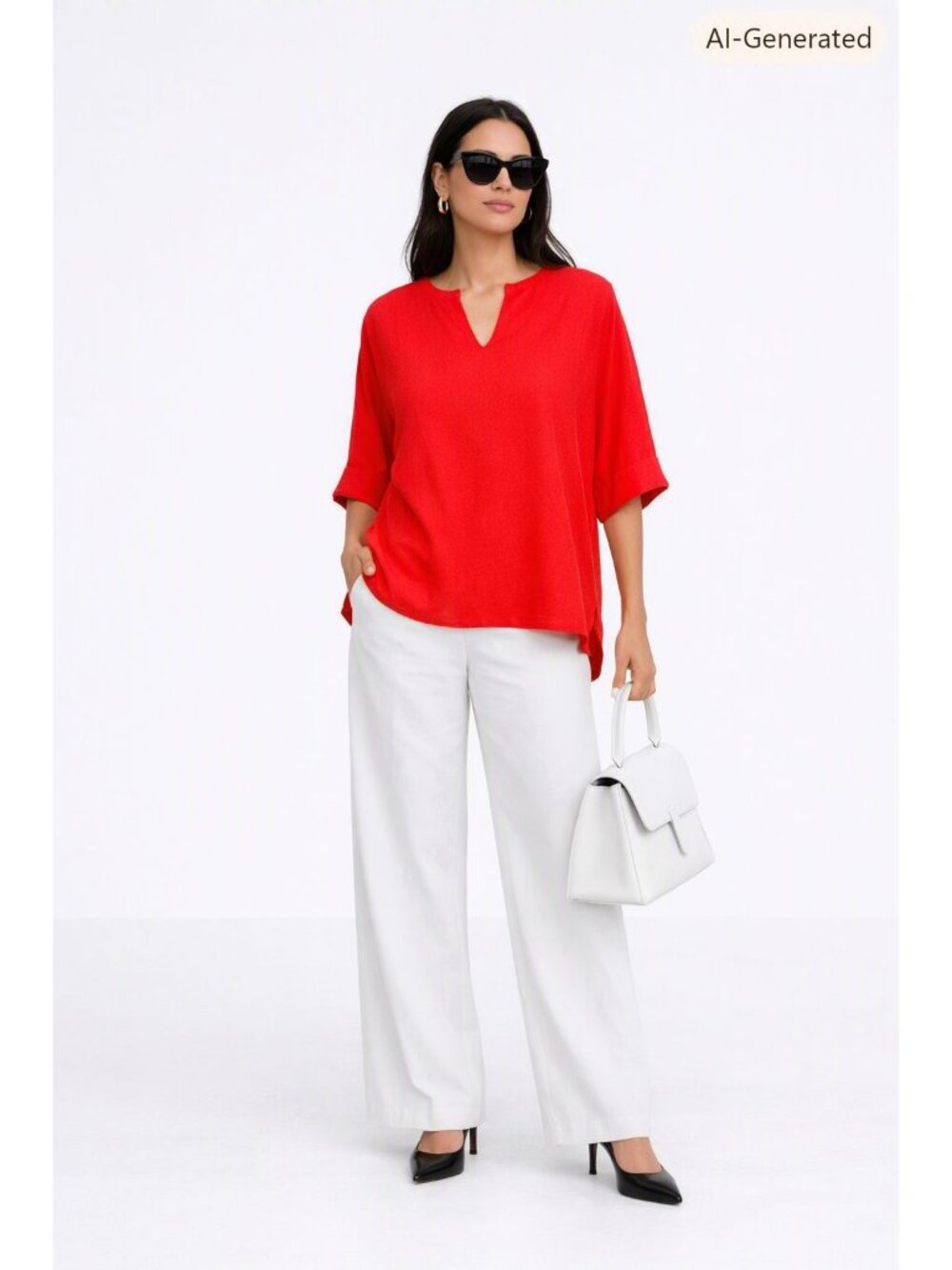Marc New York Red Linen Bld Minimalist Lagenlook Short Dolman Sleeve Top Women M